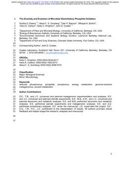 1 the Diversity and Evolution of Microbial Dissimilatory Phosphite Oxidation 1 Sophia D. Ewens1, 2, Alexa F. S. Gomberg1,Tyler P