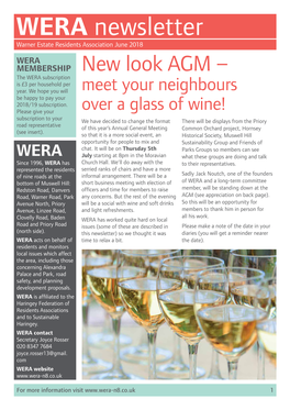 WERA Newsletter Warner Estate Residents Association June 2018 WERA MEMBERSHIP New Look AGM – the WERA Subscription Is £3 Per Household Per Year