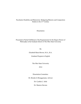 Psychiatric Disability and Rhetoricity: Refiguring Rhetoric and Composition Studies in the 21St Century