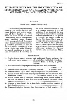 Tentative Keys for the Identification of Species in Biar Um and Eminium, with Notes on Some Taxa Included in Biarum