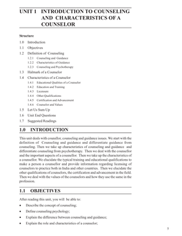 UNIT 1 INTRODUCTION to COUNSELING and Characteristics of a and CHARACTERISTICS of a Counselor COUNSELOR