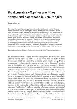 Frankenstein's Offspring: Practicing Science and Parenthood in Natali's