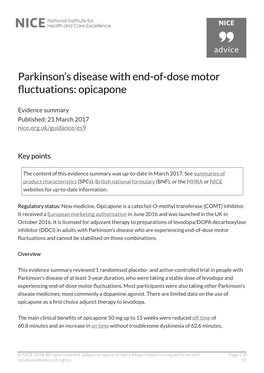 Parkinson's Disease with End-Of-Dose Motor Fluctuations: Opicapone