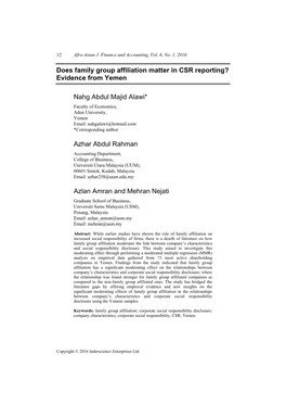Does Family Group Affiliation Matter in CSR Reporting? Evidence from Yemen