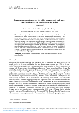 Razza Cagna: Mondo Movies, the White Heterosexual Male Gaze, and the 1960S–1970S Imaginary of the Nation Gaia Giuliani*