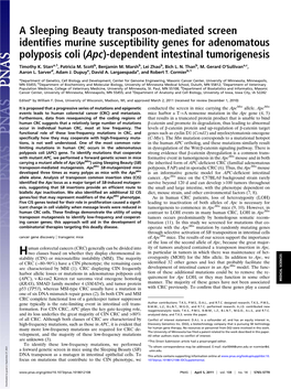 A Sleeping Beauty Transposon-Mediated Screen Identiﬁes Murine Susceptibility Genes for Adenomatous Polyposis Coli (Apc)-Dependent Intestinal Tumorigenesis
