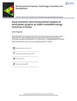 Socio-Economic and Environmental Analysis of Wind Power Projects As Viable Renewable Energy Resources in Kenya