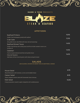 Blaze Steak and Seafood Menu