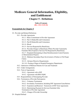 Medicare General Information, Eligibility, and Entitlement Chapter 5 - Definitions