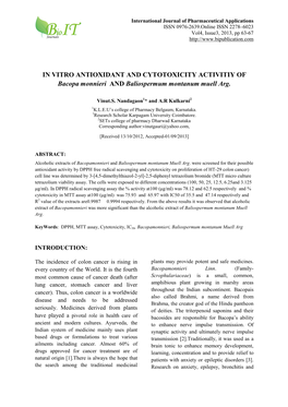 IN VITRO ANTIOXIDANT and CYTOTOXICITY ACTIVITIY of Bacopa Monnieri and Baliospermum Montanum Muell Arg