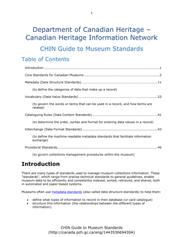 Department of Canadian Heritage – Canadian Heritage Information Network CHIN Guide to Museum Standards