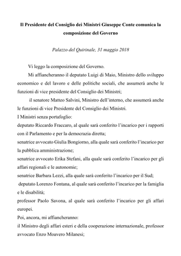 Il Presidente Del Consiglio Dei Ministri Giuseppe Conte Comunica La Composizione Del Governo