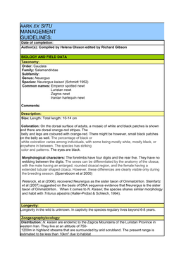 MANAGEMENT GUIDELINES: Date of Completion: Author(S): Compiled by Helena Olsson Edited by Richard Gibson