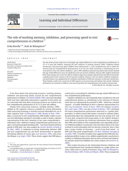 The Role of Working Memory, Inhibition, and Processing Speed in Text Comprehension in Children☆