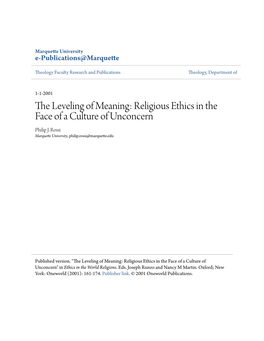 Religious Ethics in the Face of a Culture of Unconcern Philip J