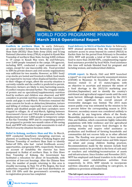 WORLD FOOD PROGRAMME MYANMAR March 2016 Operational Report