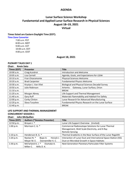 AGENDA Lunar Surface Science Workshop Fundamental and Applied Lunar Surface Research in Physical Sciences August 18–19, 2021 V