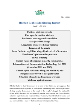 Human Rights Monitoring Report April 1 – 30, 2014