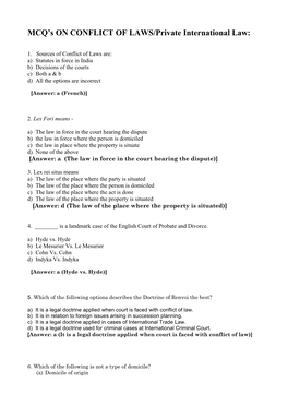 MCQ's on CONFLICT of LAWS/Private International Law