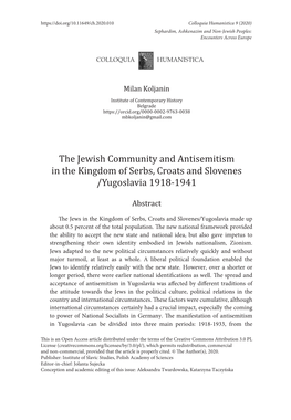 The Jewish Community and Antisemitism in the Kingdom of Serbs, Croats and Slovenes/Yugoslavia 1918-1941