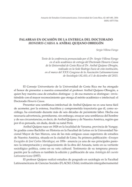 Palabras En Ocasión De La Entrega Del Doctorado Honoris Causa a Aníbal Quijano Obregón