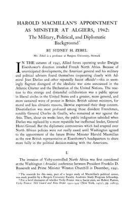 HAROLD MACMILLAN's APPOINTMENT AS MINISTER at ALGIERS, 1942: the Military, Political, and Diplomatic Background1