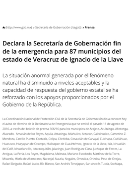 Declara La Secretaría De Gobernación 鸾俇n De La Emergencia Para 87