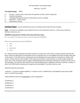 3Rdd Nine Weeks' Test Preview Packet Marrocco – ELA (6Th) Test Taking