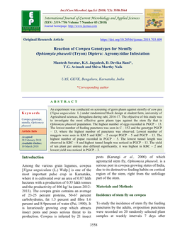 Reaction of Cowpea Genotypes for Stemfly Ophiomyia Phaseoli (Tryon) Diptera: Agromyzidae Infestation