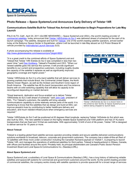 Photo Release -- Space Systems/Loral Announces Early Delivery of Telstar 14R