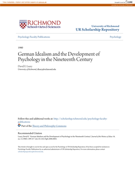German Idealism and the Development of Psychology in the Nineteenth Century David E