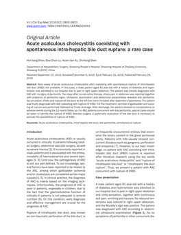 Original Article Acute Acalculous Cholecystitis Coexisting with Spontaneous Intra-Hepatic Bile Duct Rupture: a Rare Case