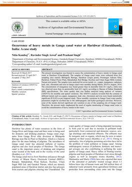 Occurrence of Heavy Metals in Ganga Canal Water at Haridwar (Uttarakhand), India: a Case Study