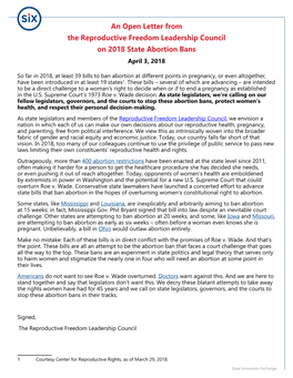 An Open Letter from the Reproductive Freedom Leadership Council on 2018 State Abortion Bans April 3, 2018