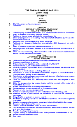 THE SIKH GURDWARAS ACT, 1925 (VIII of 1925) CONTENTS PART I CHAPTER I PRELIMINARY 1