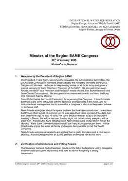 Minutes of the Region EAME Congress 29Th of January, 2005 Monte Carlo, Monaco