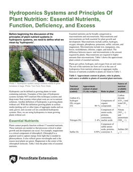 Hydroponics Systems and Principles of Plant Nutrition: Essential Nutrients, Function, Deficiency, and Excess