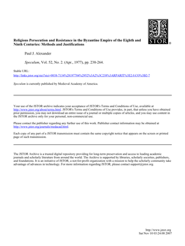 Religious Persecution and Resistance in the Byzantine Empire of the Eighth and Ninth Centuries: Methods and Justifications