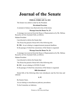 Journal of the Senate ______FRIDAY, FEBRUARY 26, 2021 the Senate Was Called to Order by the President