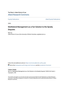 Multilateral Management As a Fair Solution to the Spratly Disputes