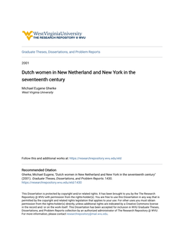 Dutch Women in New Netherland and New York in the Seventeenth Century