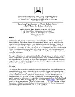 Examining Organizational and Safety Culture Causes of the BP Texas City Refinery Explosion