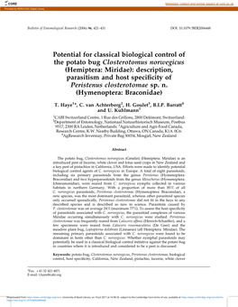 Potential for Classical Biological Control of the Potato Bug Closterotomus Norwegicus (Hemiptera: Miridae): Description, Parasi