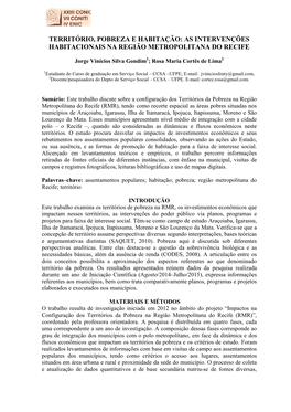 Território, Pobreza E Habitação: As Intervenções Habitacionais Na Região Metropolitana Do Recife