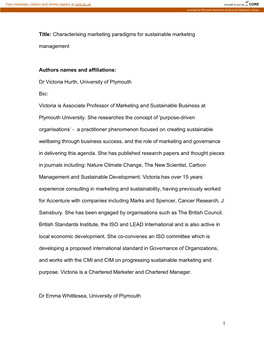 Characterising Marketing Paradigms for Sustainable Marketing Management Authors Names and Affiliations