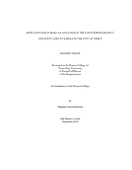 Defeating Isis in Iraq: an Analysis of the Counterinsurgency