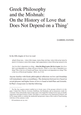 Greek Philosophy and the Mishnah: on the History of Love That Does Not Depend on a Thing*