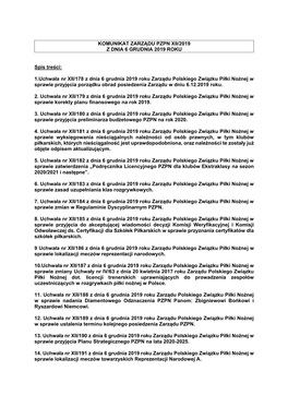 1.Uchwała Nr XII/178 Z Dnia 6 Grudnia 2019 Roku Zarządu Polskiego Związku Piłki Nożnej W Sprawie Przyjęcia Porządku Obrad Posiedzenia Zarządu W Dniu 6.12.2019 Roku