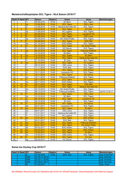 Meisterschaftsspielplan SCL Tigers - NLA Saison 2016/17