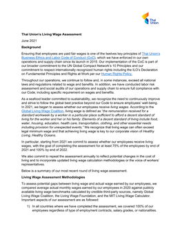 Thai Union's Living Wage Assessment June 2021 Background Ensuring That Employees Are Paid Fair Wages Is One of the Twelves